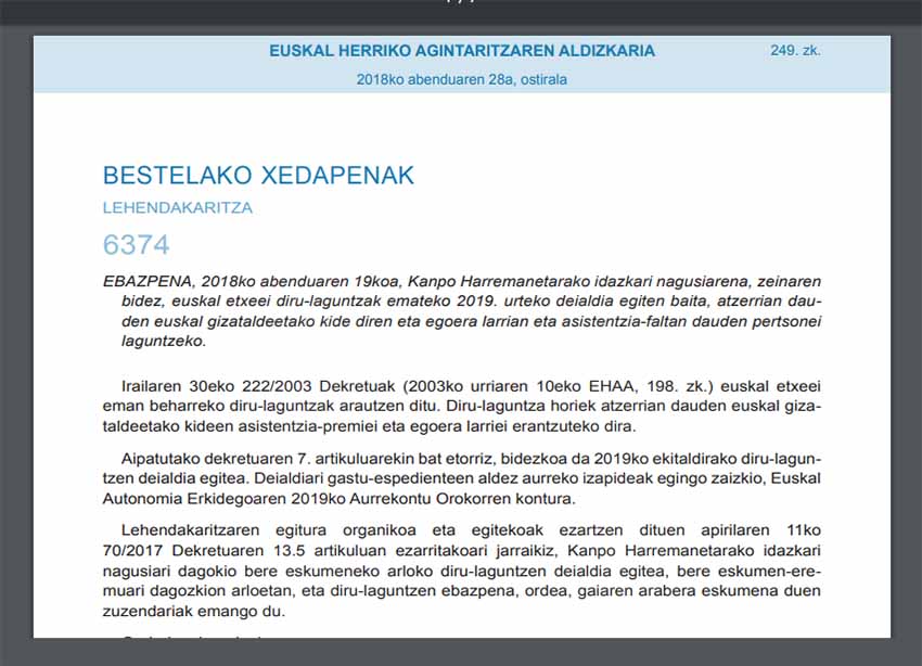 Euskal gizataldeetan egoera larrian eta asistentzia-faltan dauden pertsonei laguntzeko 2019rako deialdia