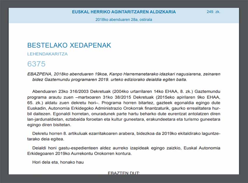 Call for Gaztemundu 2019 published today in the Official Bulletin of the Basque Country (EHAA-BOPV)