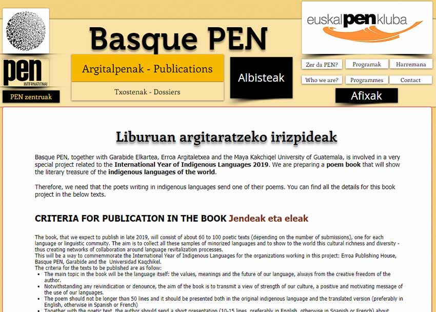 The call for poem submission on Basque PEN Kluba – Euskal Pen Kluba's webpage