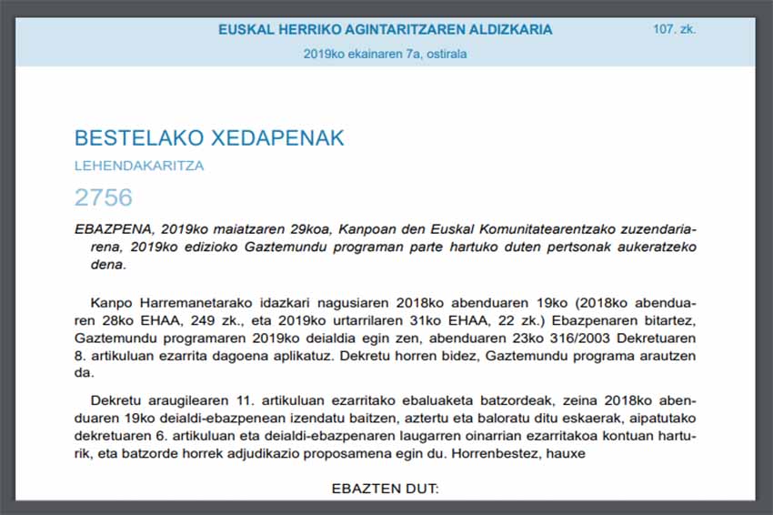 Resolución de Gaztemundu 2019, firmada por el director para la Comunidad Vasca en el Exterior del Gobierno Vasco