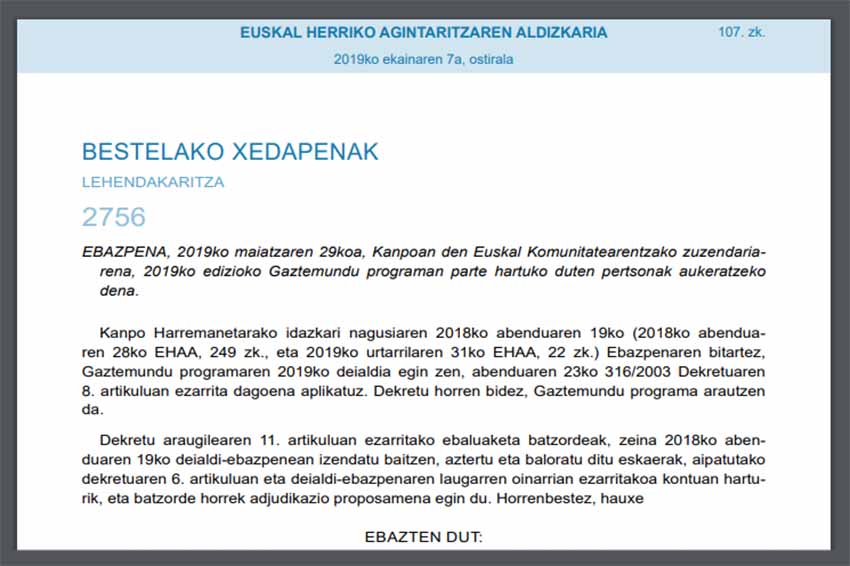 Gaztemundu Resolution signed by the Basque Government’s Director of the Basque Community Abroad