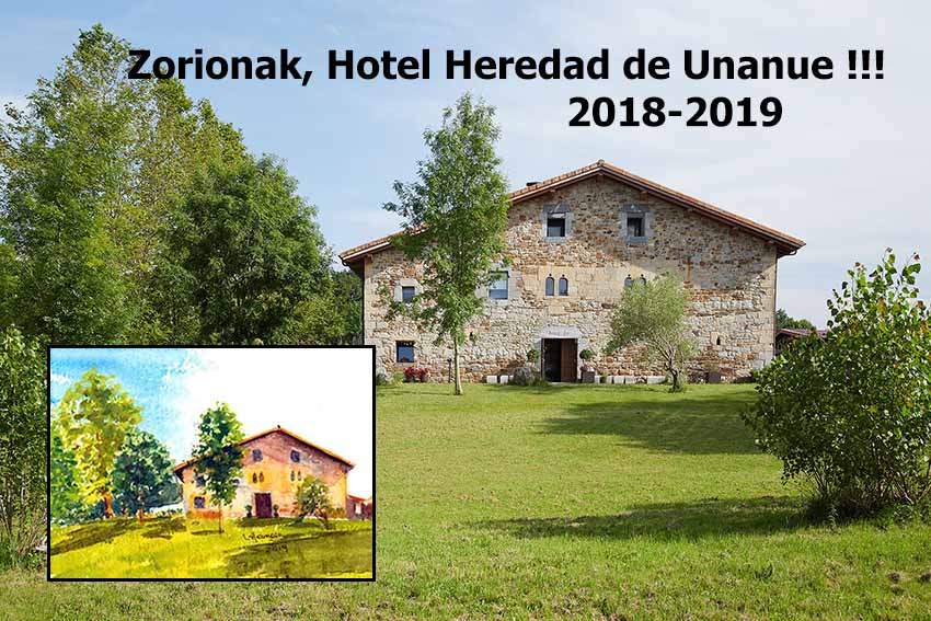 Celebrating our first anniversary of the opening of Hotel Unanue, watercolor by Lourdes Hermoso of the Unanue-Zar farmhouse