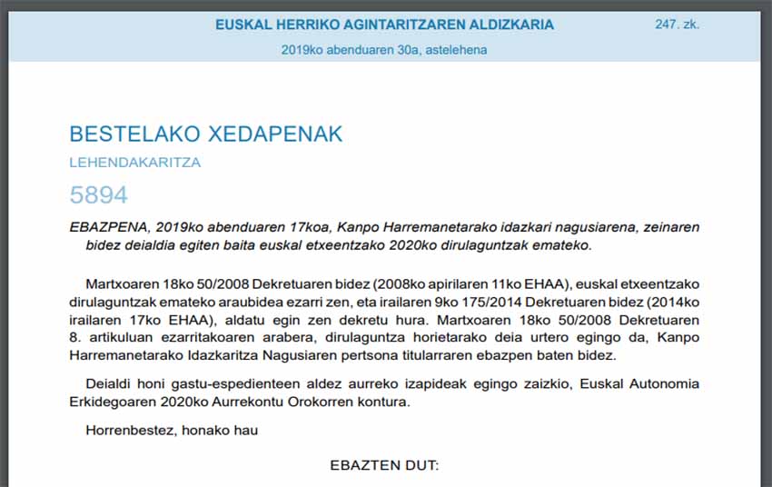La Convocatoria en el Boletín Oficial del País Vasco de este 30 de diciembre, 2019