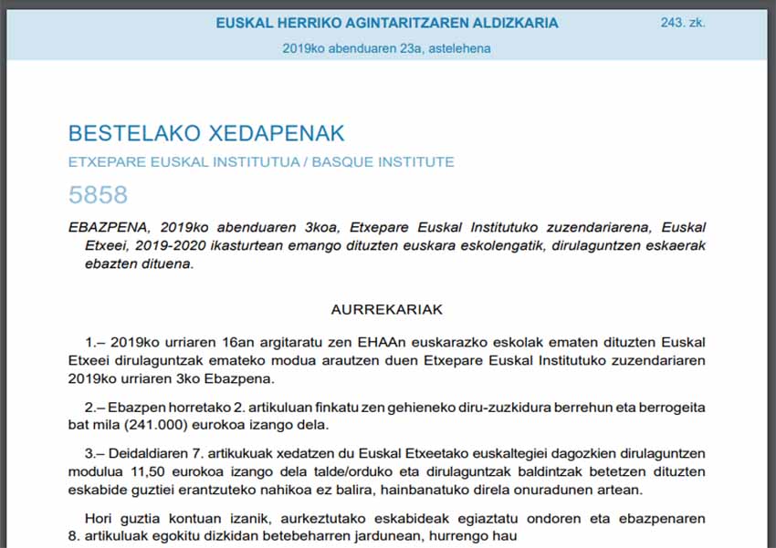 Guztira 240.994,00 euro banatu ditu Etxepare Institutuak Euskal Etxe eta federazioetan 2019-2020 ikasturtean