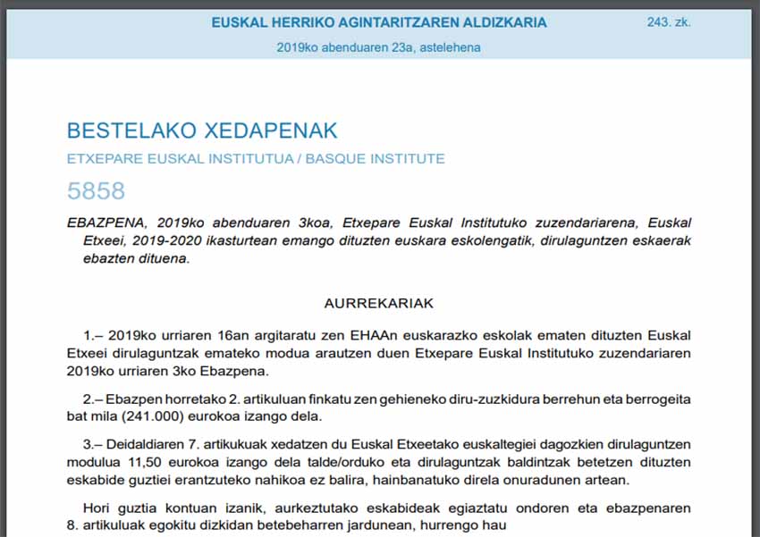 El Instituto Vasco Etxepare ayuda con 240.994,00 euros a Centros y Federaciones Vascas que enseñan euskera en 2019-2020