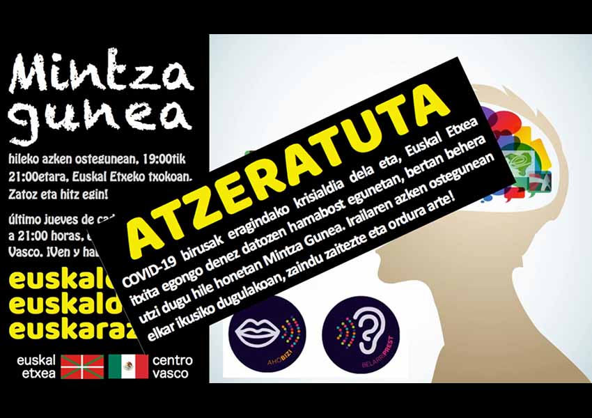 Banner from the Euskal Etxea in Mexico City announcing postposed activities due to the Coronavirus