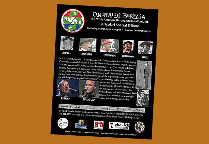 Poster for the Omenaldi Berezia honoring US Bertsolaris on March 14th at the San Francisco Basque Cultural Center