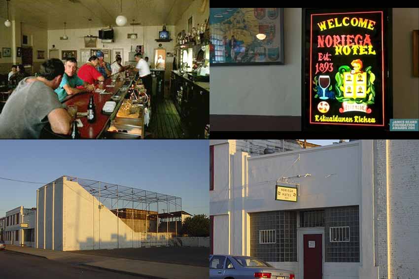 Varias imágenes del restaurante vasco Noriega Hotel de Bakersfield, incluida su cancha de pelota