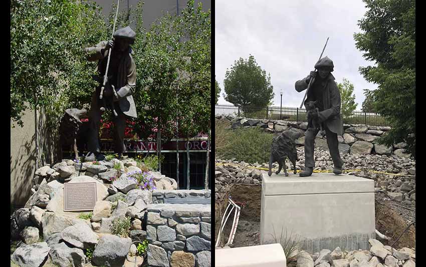 La Estatua del Pastor Vasco de Ascuaga en su ubicación inicial (izquierda) y en su ubicación definitiva en la Universidad de Nevada