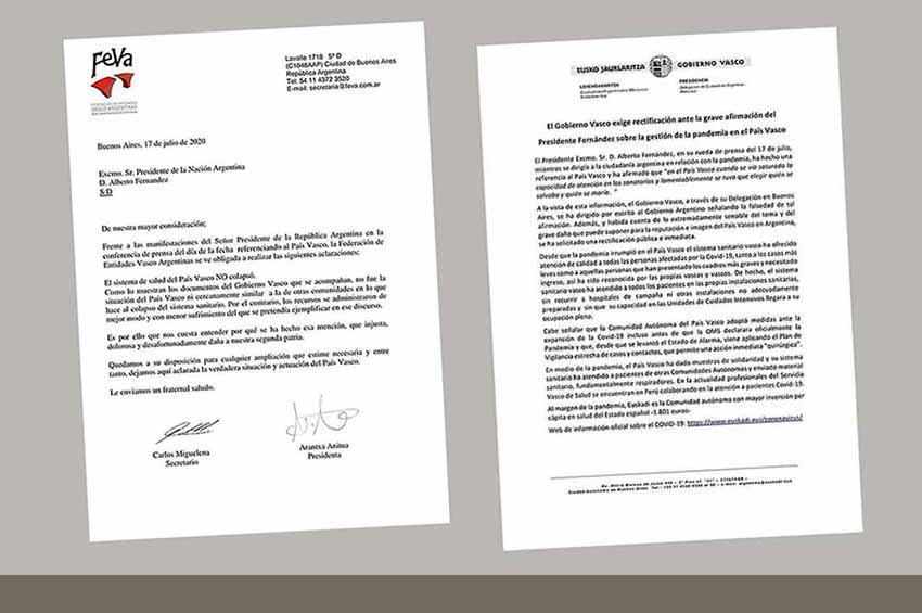 Nota de FEVA; y de la Delegación en Argentina del Gobierno Vasco solicitando rectificación al presidente Fernández