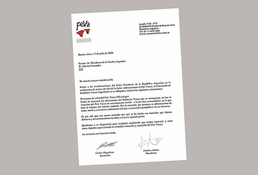 Carta dirigida por FEVA al presidente argentino Alberto Fernández, negando sus afirmaciones y expresándole su disgusto