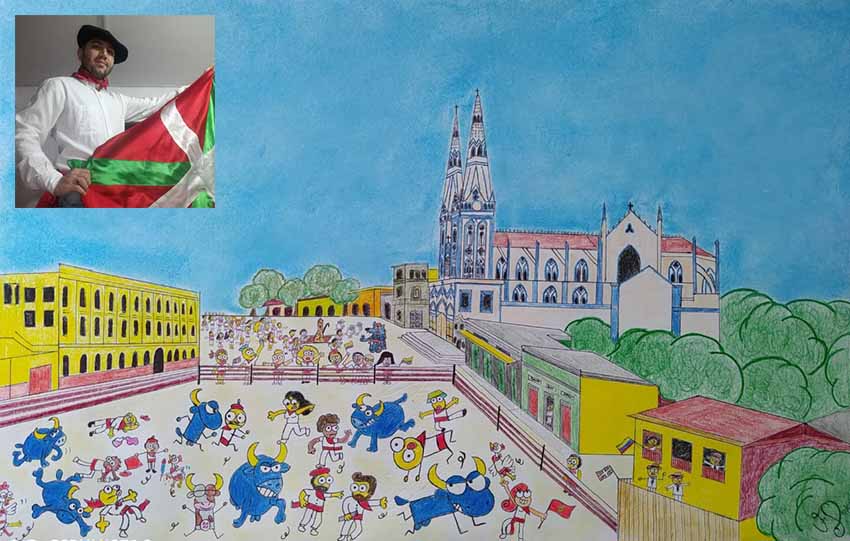 Drawing of San Fermin festivities in the Plaza de las Vacas, in Barranquilla, tribute to Jacinto Sarasua, work by Vicente Fararony
