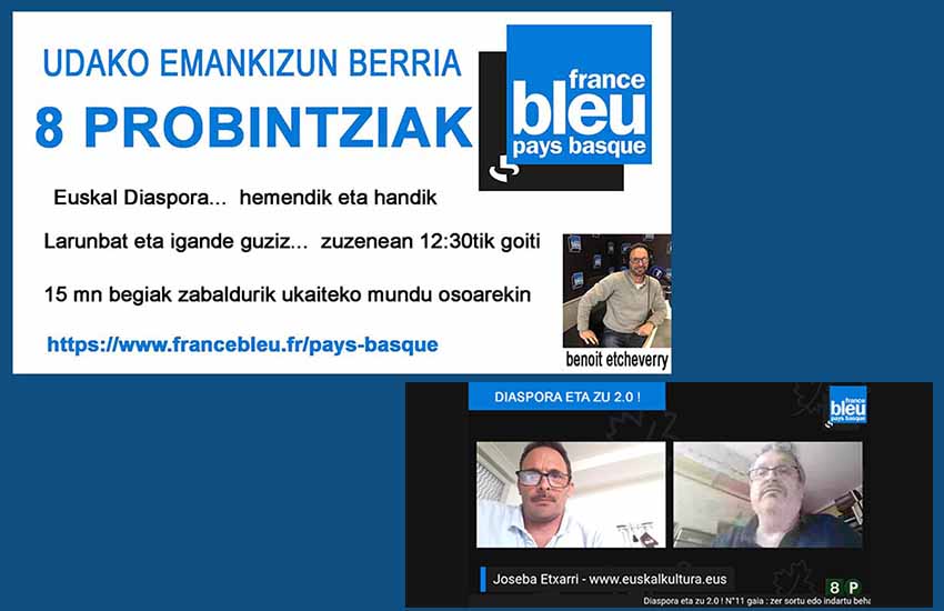 Benoit Etcheverry begins a new radio program on France Blue Pays Basque; Joseba Etxarri Sunday’s guest on “Diaspora eta Zu 2.0”