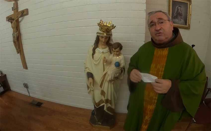 Aita Antton Egiguren in a recording of last Sunday’s mass. Miekl Deuna, Saint Michael who is the patron saint of Euskal Herria