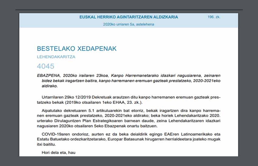 Due to the closure of borders due to the pandemic, the Basque Government will not offer scholarships this year to the US, or Latin America from Foreign Relations.  There are 8 in Europe, 2 in Brussels and 6 in Gasteiz