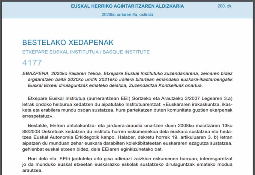 Euskal Etxeeen eta euren federazioen eskutik ematen diren euskara klaseak dirulaguntzen ditu Etxepare Euskal Institutuaren Deialdiak