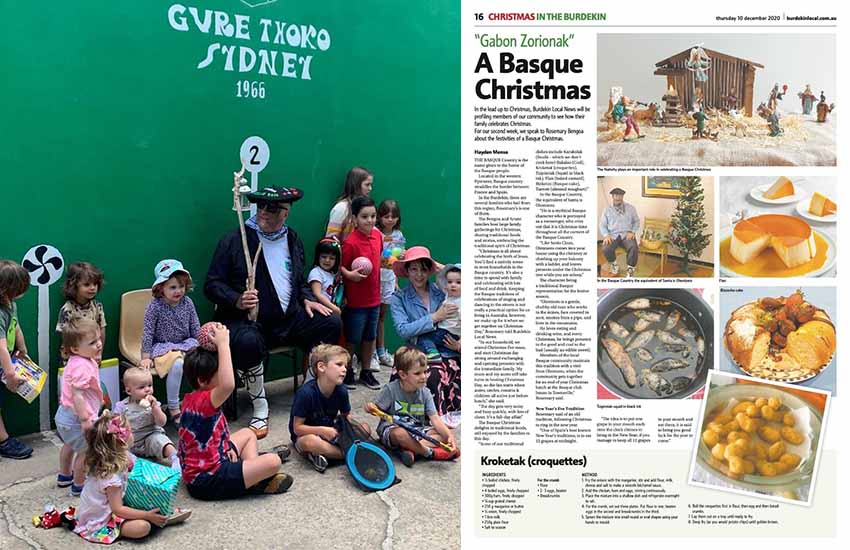 Left: The Olentzero surrounded by children at the Sydney Euskal Etxea; on the right an article about Basque Christmas in Townsville