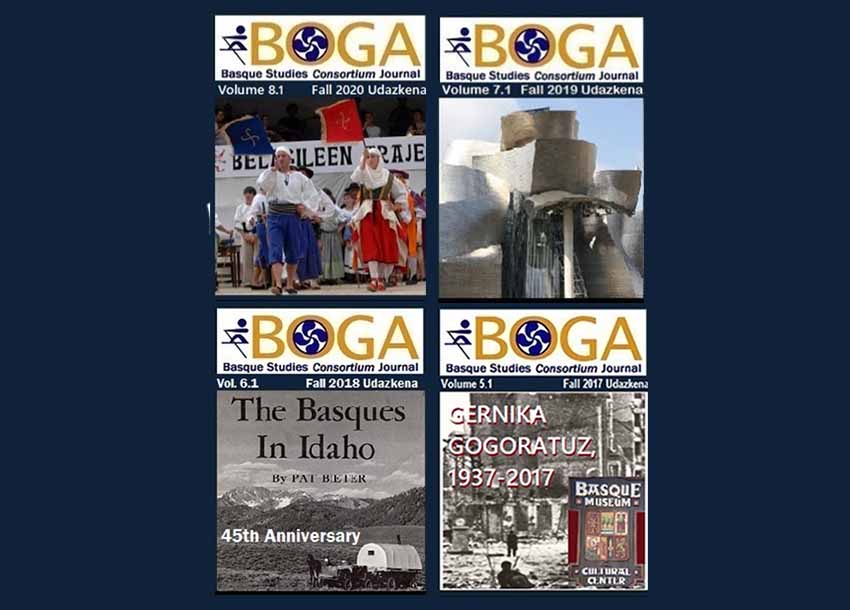 Portadas de los últimos cuatro números del anuario en inglés de Estudios Vascos 'Boga'