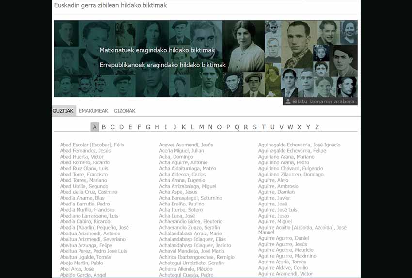 La base de datos de fallecidos de Araba, Bizkaia y Gipuzkoa, disponible ya en la página web del Instituto Gogora