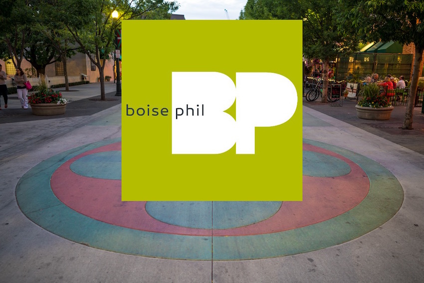 Boise Phil concert announcement with an image of a huge Lauburu on the pavement of Boise’s Basque Block