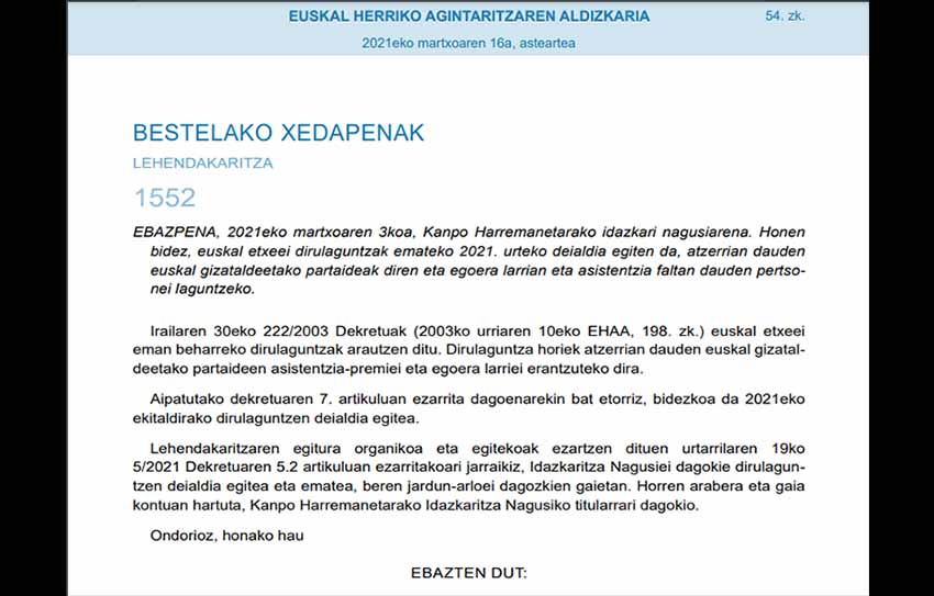 Gaur eman du argitara EHAA buletinak 2021eko Kanpoan diren Egoera Larriko Pertsonen Deialdia