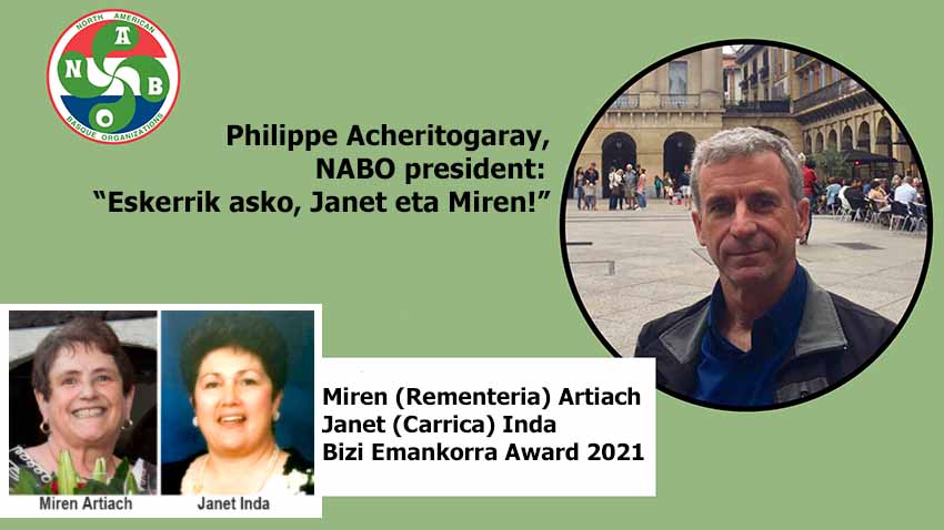 Miren Artiach, from Boise and Janet Inda from Reno, recognized with N.A.B.O.’s 2021 Bizi Emankorra award (milesker BBM&CC)