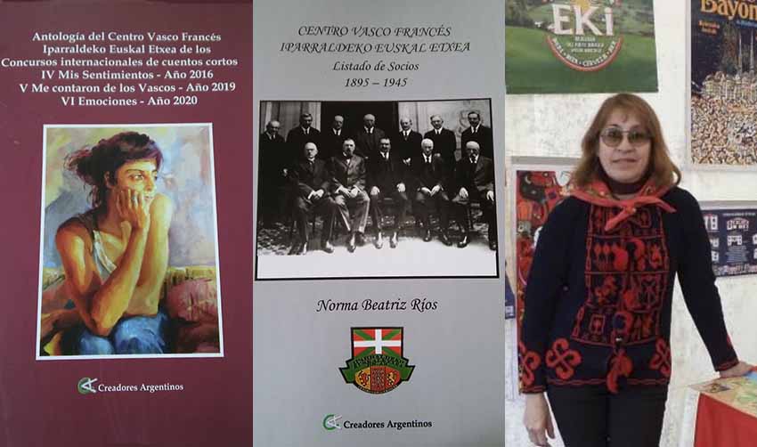 La antología de cuentos (izquierda), el libro sobre Iparraldeko EE-CVF de Norma Ríos (centro) y la propia Norma Beatriz Ríos