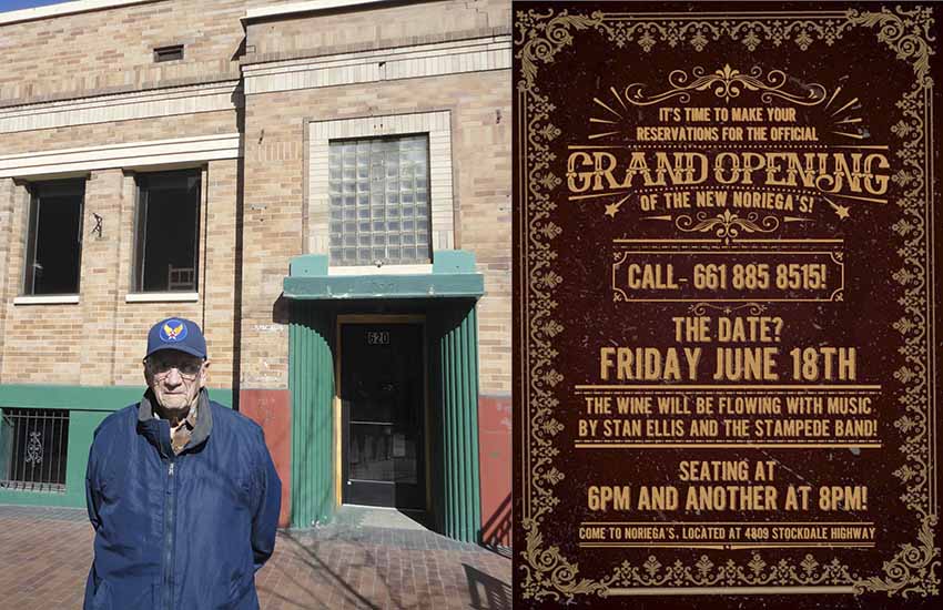 Ramon Ysursa (1920-2015) in front of the Valencia in Boise (photo Joseba Etxarri).  And poster of the reopening of Noriega's in Bakersfield