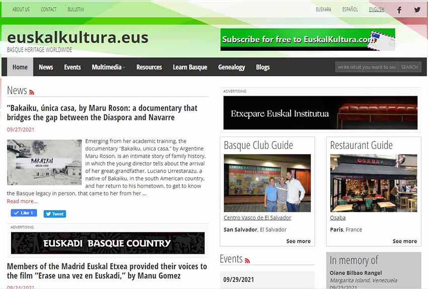 Portada y sección de noticias de EuskalKultura.eus la pasada semana, en una de las últimas renovaciones de su edición en inglés