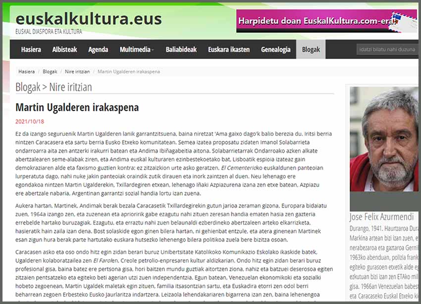 Jose Felix Azurmendiren bloga EuskalKultura.eus-en