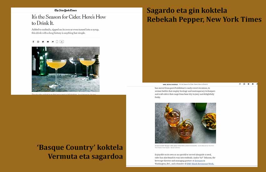 'Basque Country' koktela, sagardoa eta vermutarekin; eta 'Gin-sagardoa' dira New York Times-ek biltzen dituen kokteletako bi