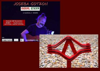 Cartel de la actuación de Joseba Gotzon este sábado en Euskal Etxea de Madrid y una de sus esculturas de 'Burdina eta abotsa'