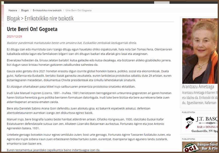 Arantzazu Ametzaga reflexiona sobre el presente desde su gran bagaje y atalaya como hija que es de la Diáspora