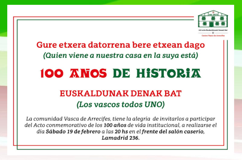 El acto institucional será el puntapié inicial de los festejos del centenario del centro vasco.