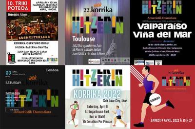 Banners de algunas de las citas de Korrika 22 en la Diáspora. Este fin de semana quedan Alacant-Alicante, Salt Lake, Viña, Buenos Aires...