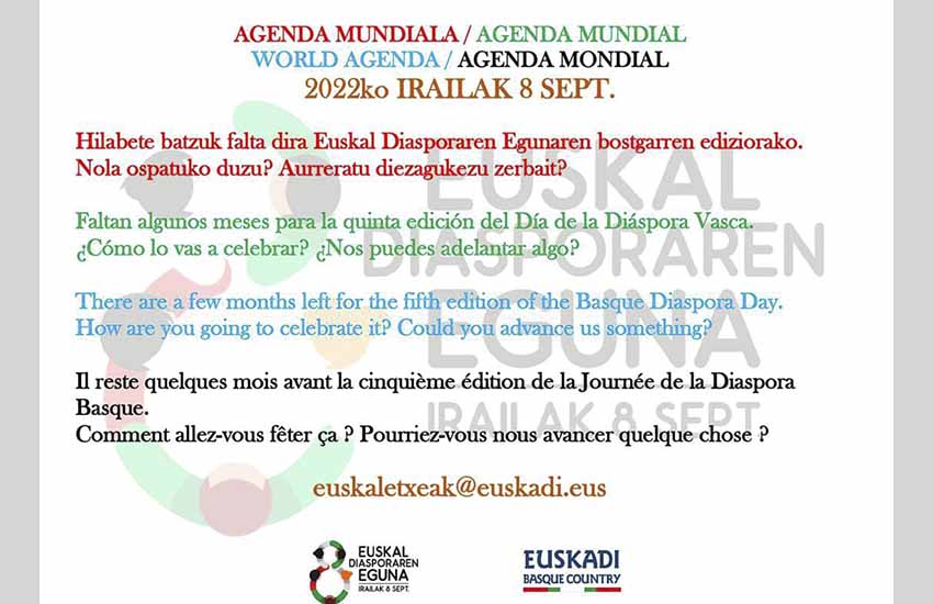 Asmoa duzu bat egiteko munduan zehar 2022ko Euskal Diasporaren Eguna irailaren 8ko astean ospatuko dutenekin?