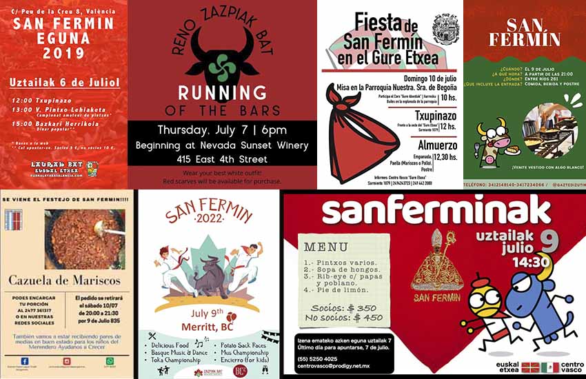 Banners y carteles de algunas de las convocatorias de San Fermín a lo largo de la Diáspora