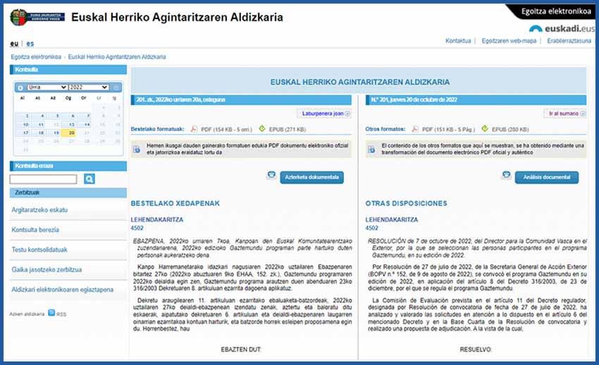 El Boletín Oficial del País Vasco (EHAA-BOPV) recoge en su edición de hoy los nombres de los y las participantes en la edición de 2022 de Gaztemundu