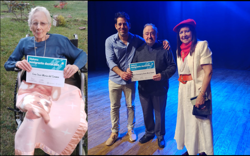 La hermana Coca y el padre Eslava recibiendo el diploma de "Inmigrante destacado" en la Centro Municipal de Cultura de Viedma