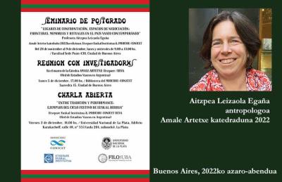 La antropóloga donostiarra Aitzpea Leizaola Egaña, titular de la Cátedra Amale Artetxe 2022 en Buenos Aires