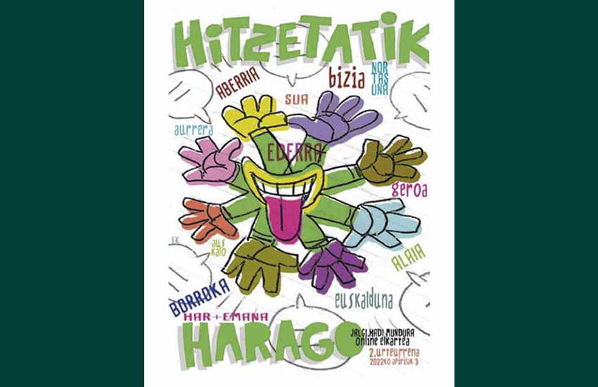 Imagen de la tapa del libro “Hitzetatik haratago” (Más allá de las palabras), de la asociación euskaltzale virtual  Jalgi Hadi Mundura