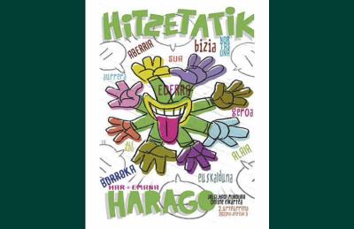 “Hitzetatik haratago”, Jalgi Hadi Mundura Elkarte birtual euskaltzalearen liburuaren azala