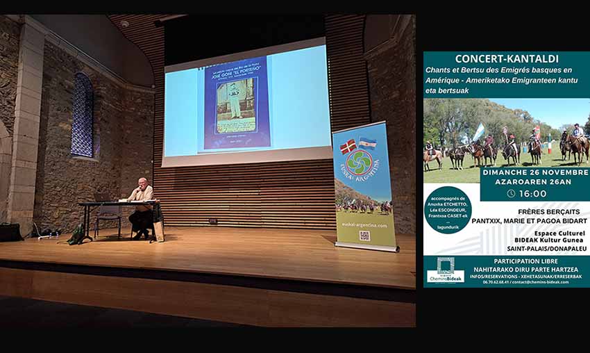 Conferencia del 18 de noviembre de Edouard Mayte sobre José Goñi, Porteño, basada en el libro de Joxemari Otermin, y cartel del concierto de este domingo. Organizan Chemins-Bideak y Euskal Argentina