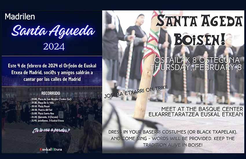 Afiches de las convocatorias de Santa Agueda para este domingo (Madrid) y para el jueves (Boise). Organizan sus respectivas euskal etxeas