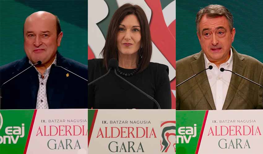 Andoni Ortuzar EBBko buru ohia; Oihane Agirregoitia eurodiputatua, Diaspora aipatzen duen testuaren arduraduna; Aitor Esteban, EBBko buru berria