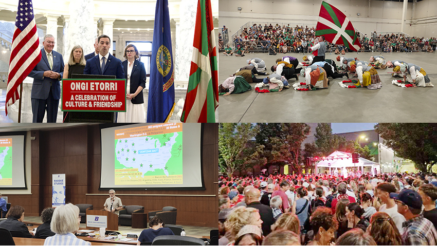 Cuatro imágenes de Jaialdi 2025: El lehendakari Pradales en el Capitolio, flanqueado el gobernador y autoridades; dantzaris de Utah'ko Triskalariak bailando; Simposio Zortziak Bat y Pedro Oiarzabal; fiesta callejera en el Basque Block