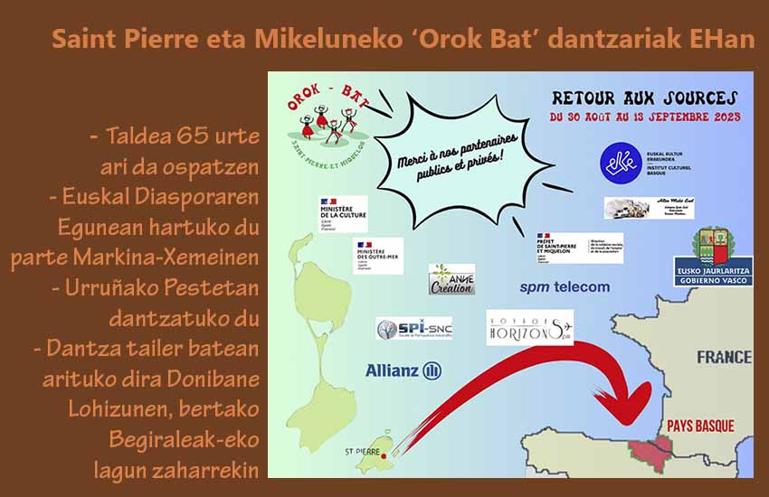 Orok Bat St. Pierre eta Mikelunetik Euskal Herrira etor zedin babesle izan dituzten erakundeen bannerra