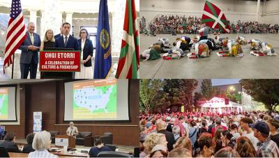 Cuatro imágenes de Jaialdi 2025: El lehendakari Pradales en el Capitolio, flanqueado el gobernador y autoridades; dantzaris de Utah'ko Triskalariak bailando; Simposio Zortziak Bat y Pedro Oiarzabal; fiesta callejera en el Basque Block