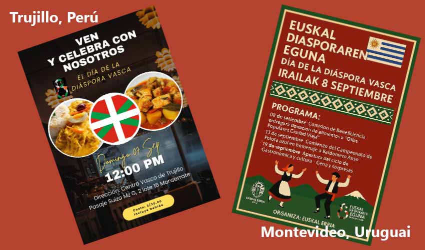 Dos carteles del Día de la Diáspora Vasca 2025: Centro Vasco de Trujillo, en Perú, y Centro Euskal Erria de Montevideo, Uruguay