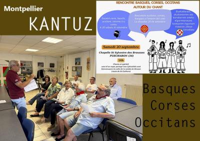 Imagen de miembros de Eskualdunak de Montpellier ensayando y el banner del encuentro de corsos, vascos y occitanos del sábado